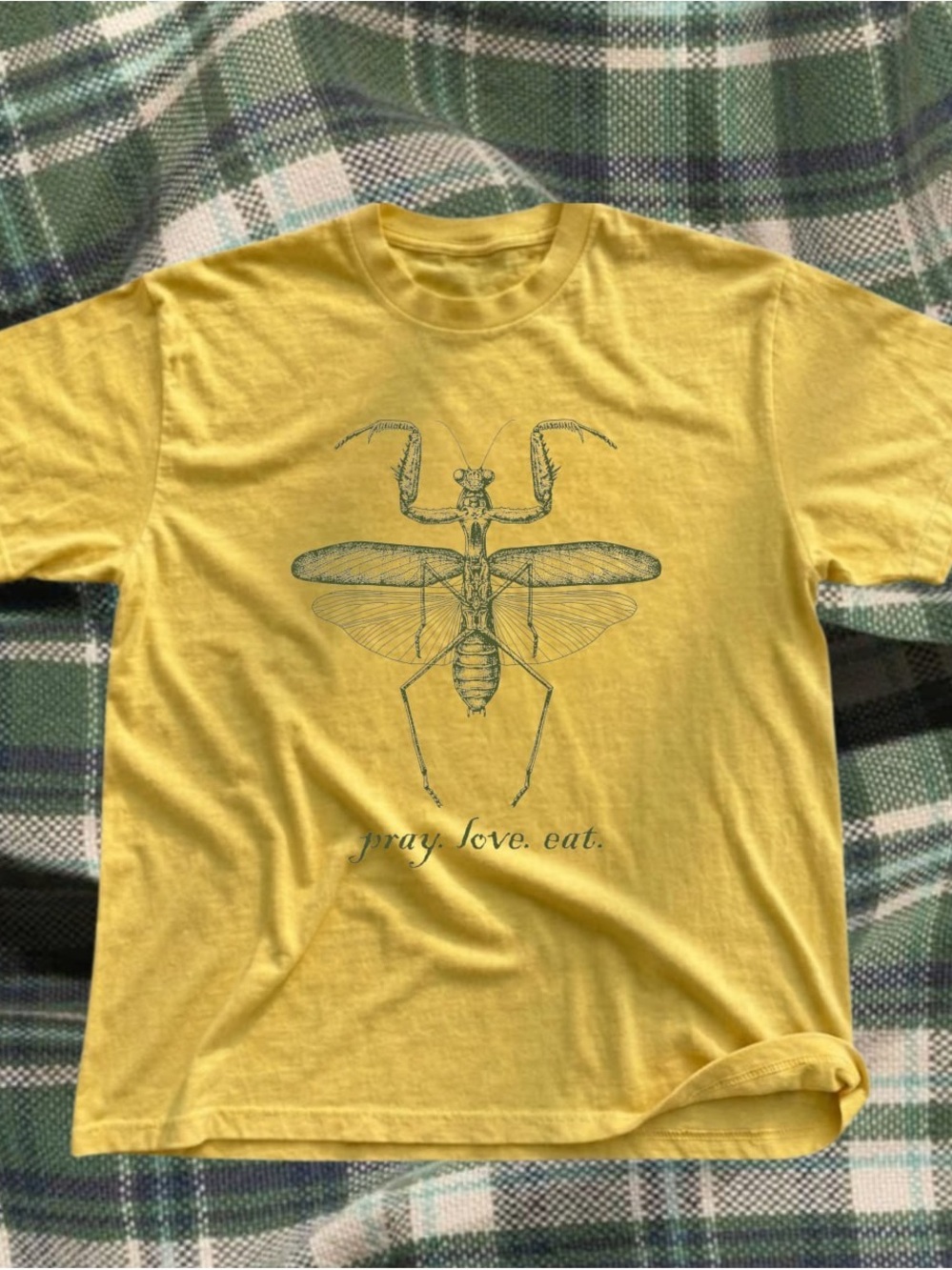 Gildan Yellow Short Sleeve Tee with Green Mantis Graphic